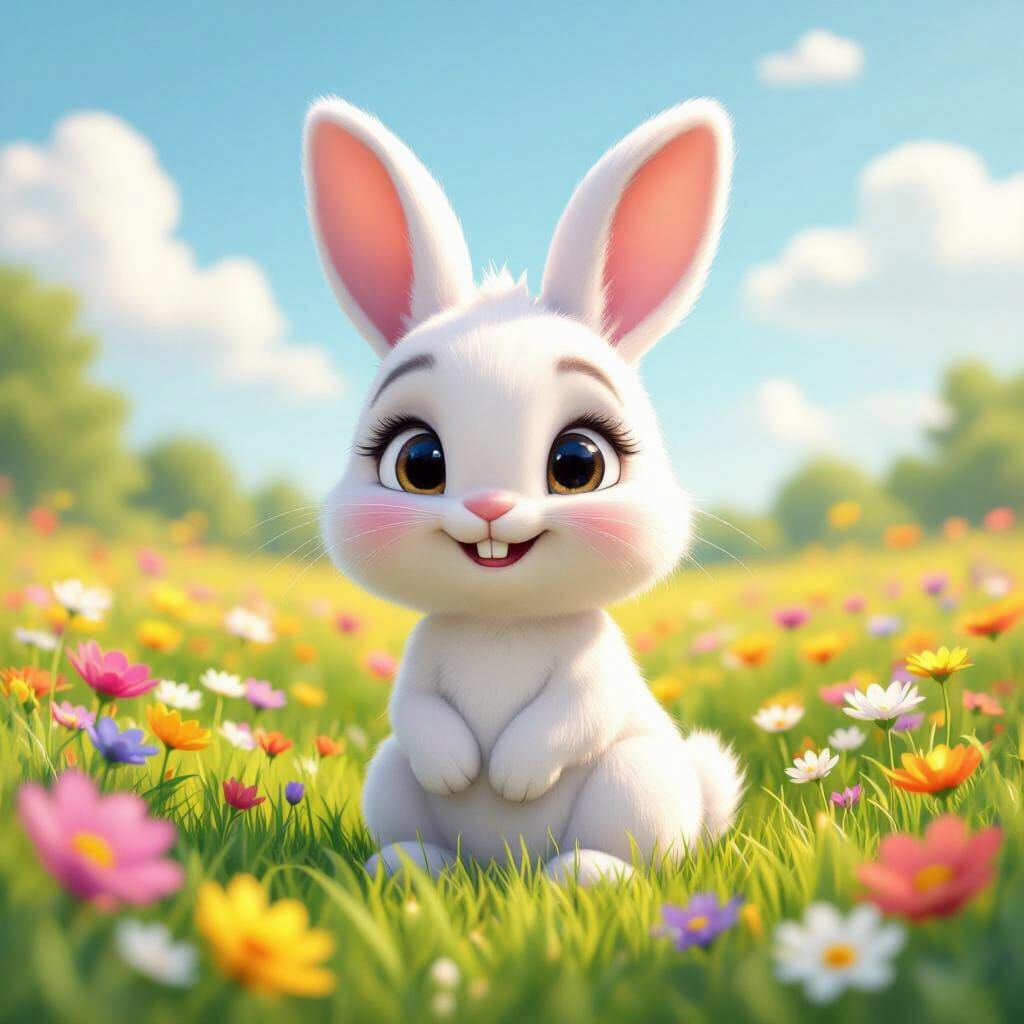 Cute White Bunny in Colorful Flower Field