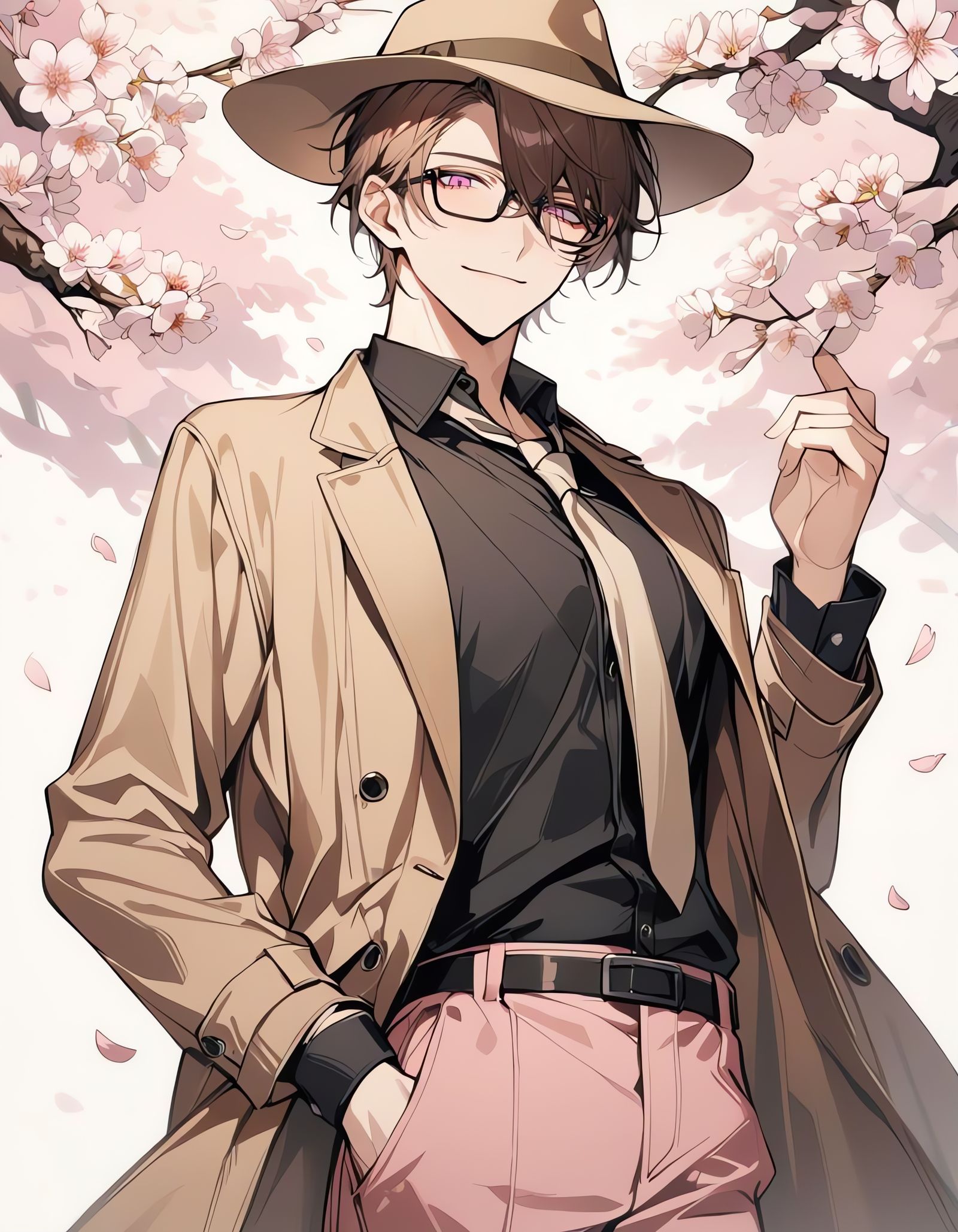 Pink-Eyed Bishounen with Cherry Blossoms Background