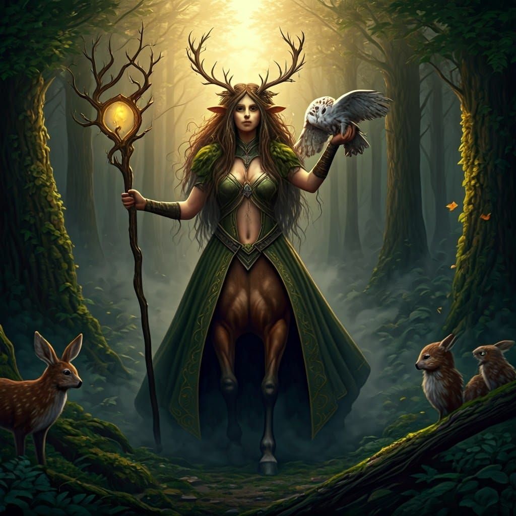Regal Centaur Druid in Misty Forest, Fantasy Art