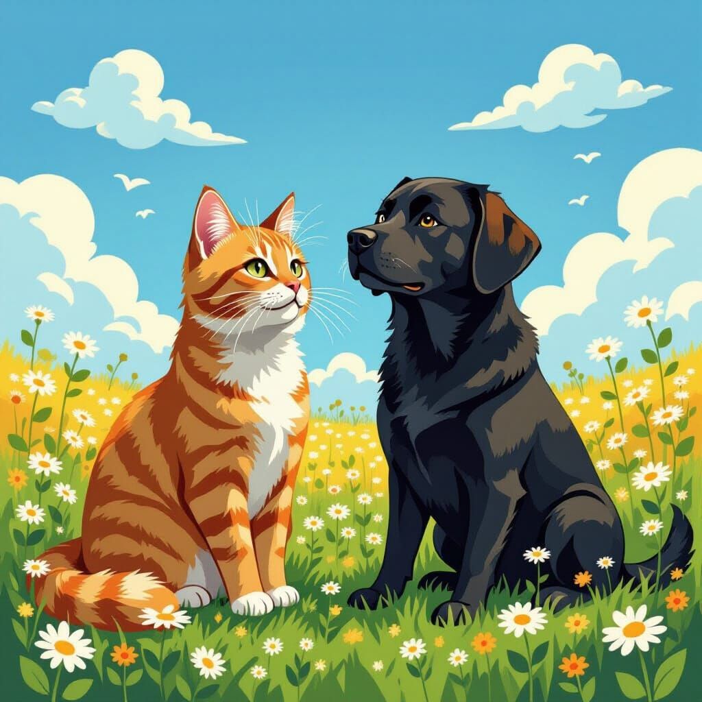 Ginger Cat and Labrador Hybrid in Summer Meadow