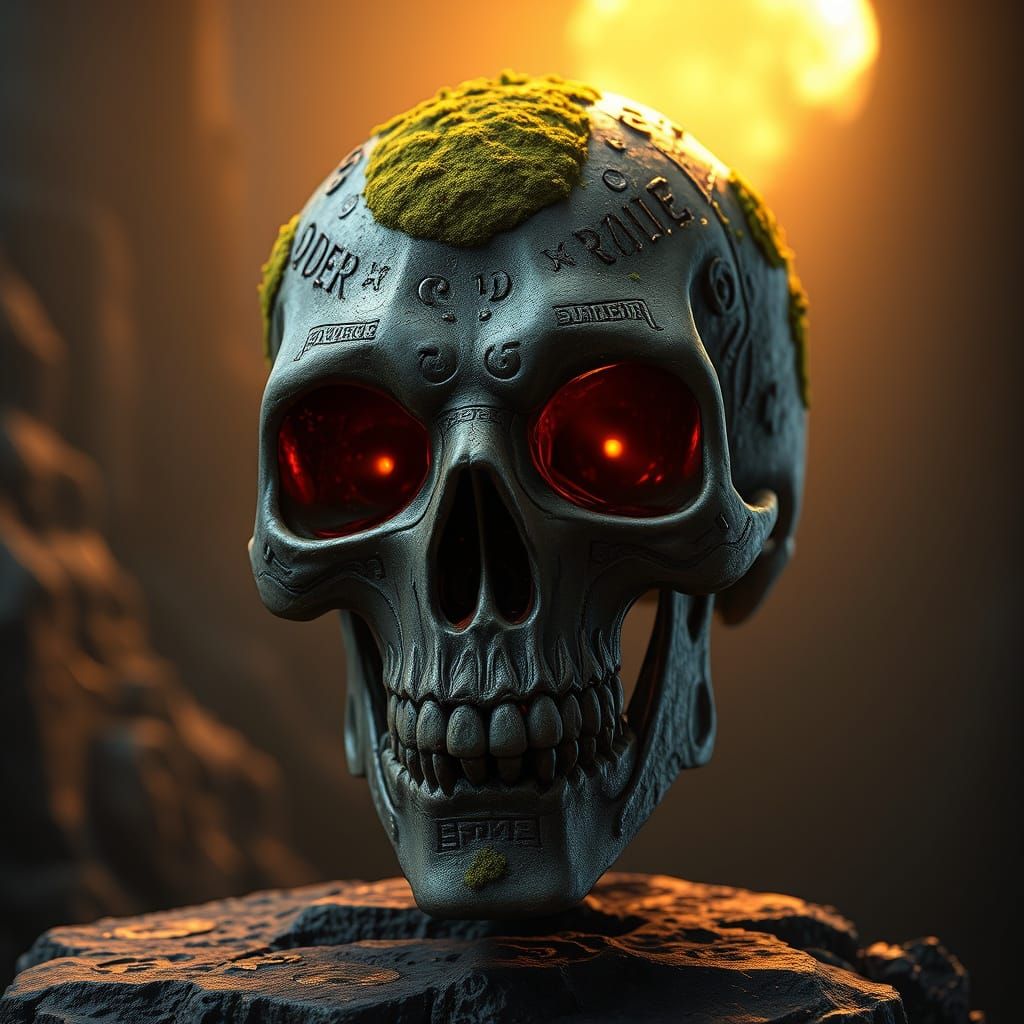 Ancient, Weathered Skull in Dark Fantasy Setting