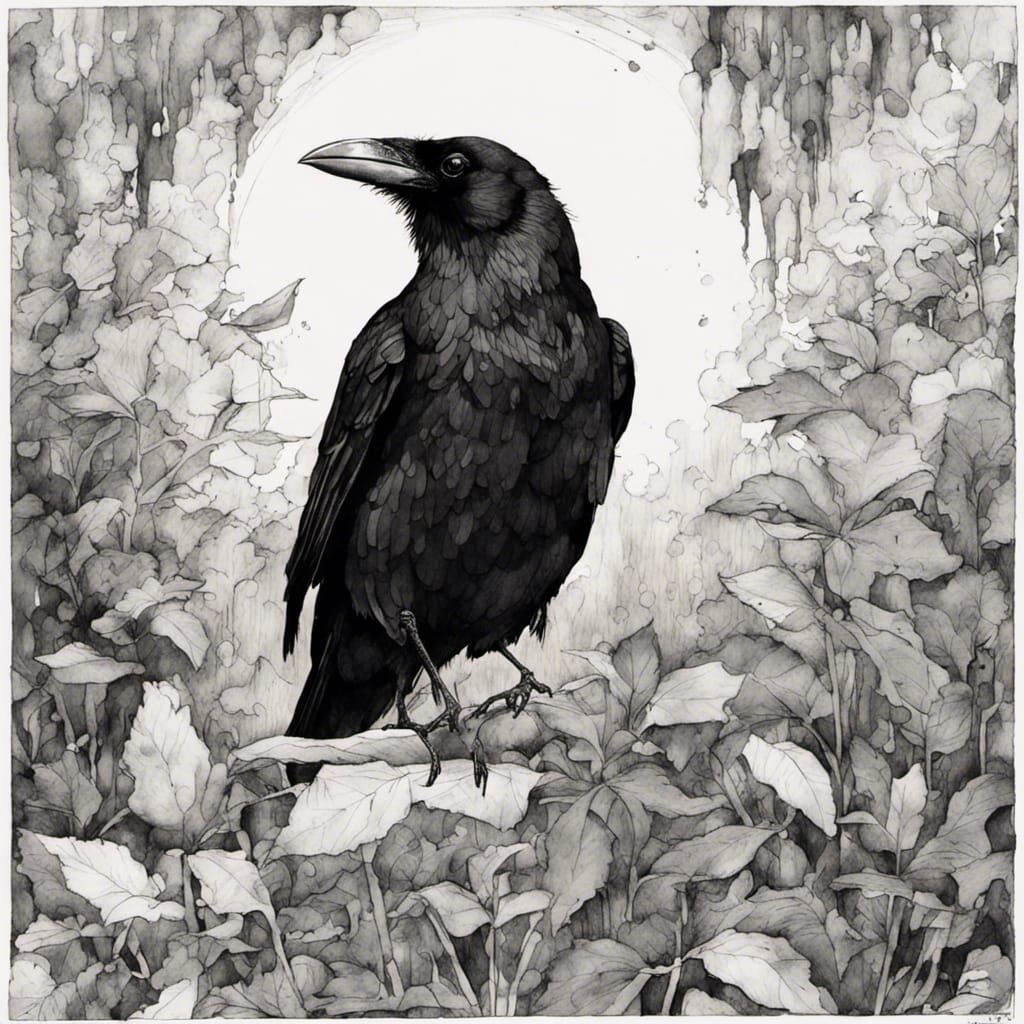 Raven in Rainy Garden, Ink Drawing Style