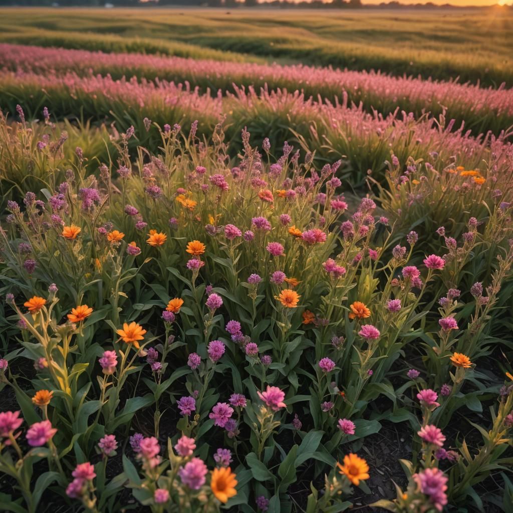 Colorful Sunset Over Rolling Fields in Hyperreal Style