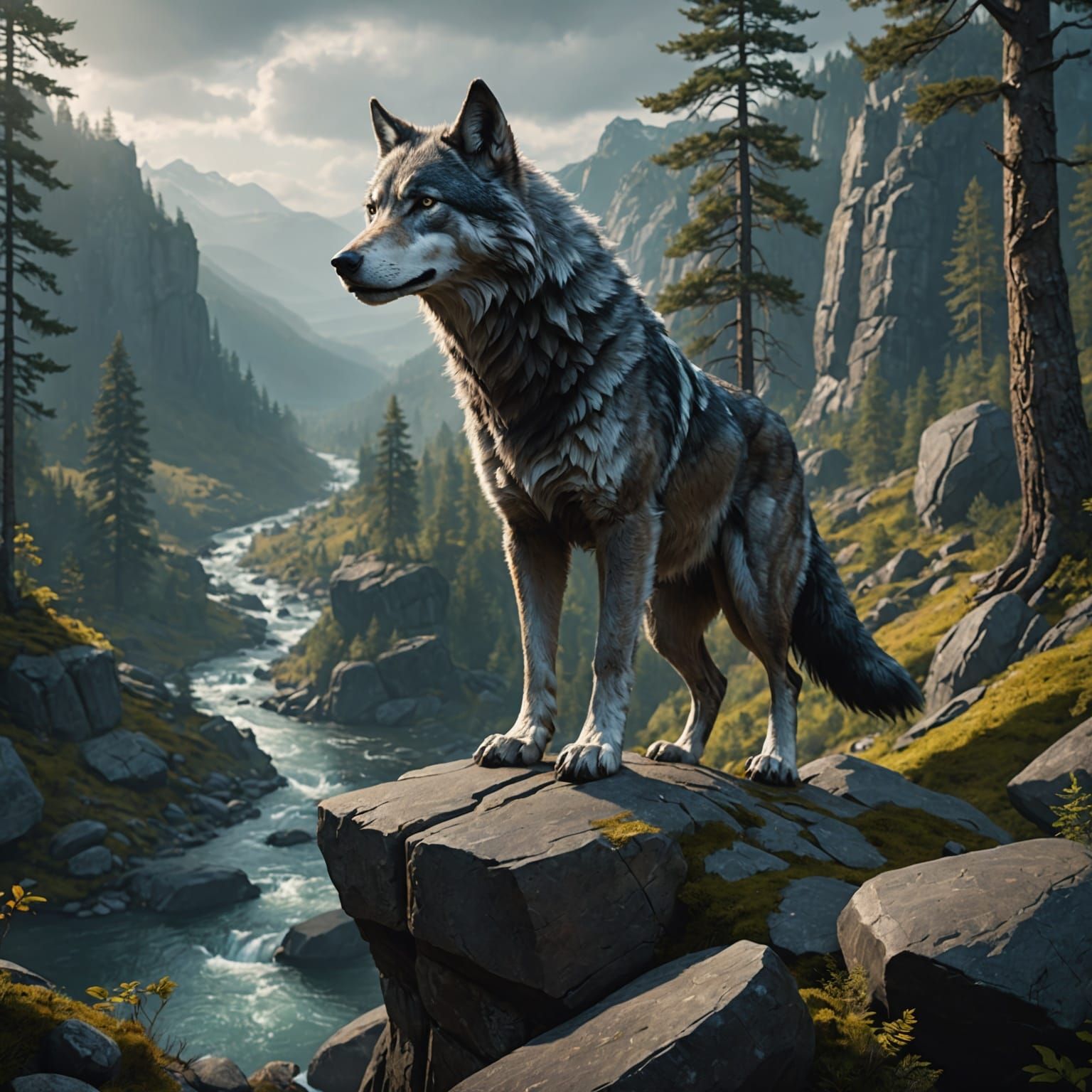 Grey Wolf Surveys Forest Territory: Fantasy Concept Art