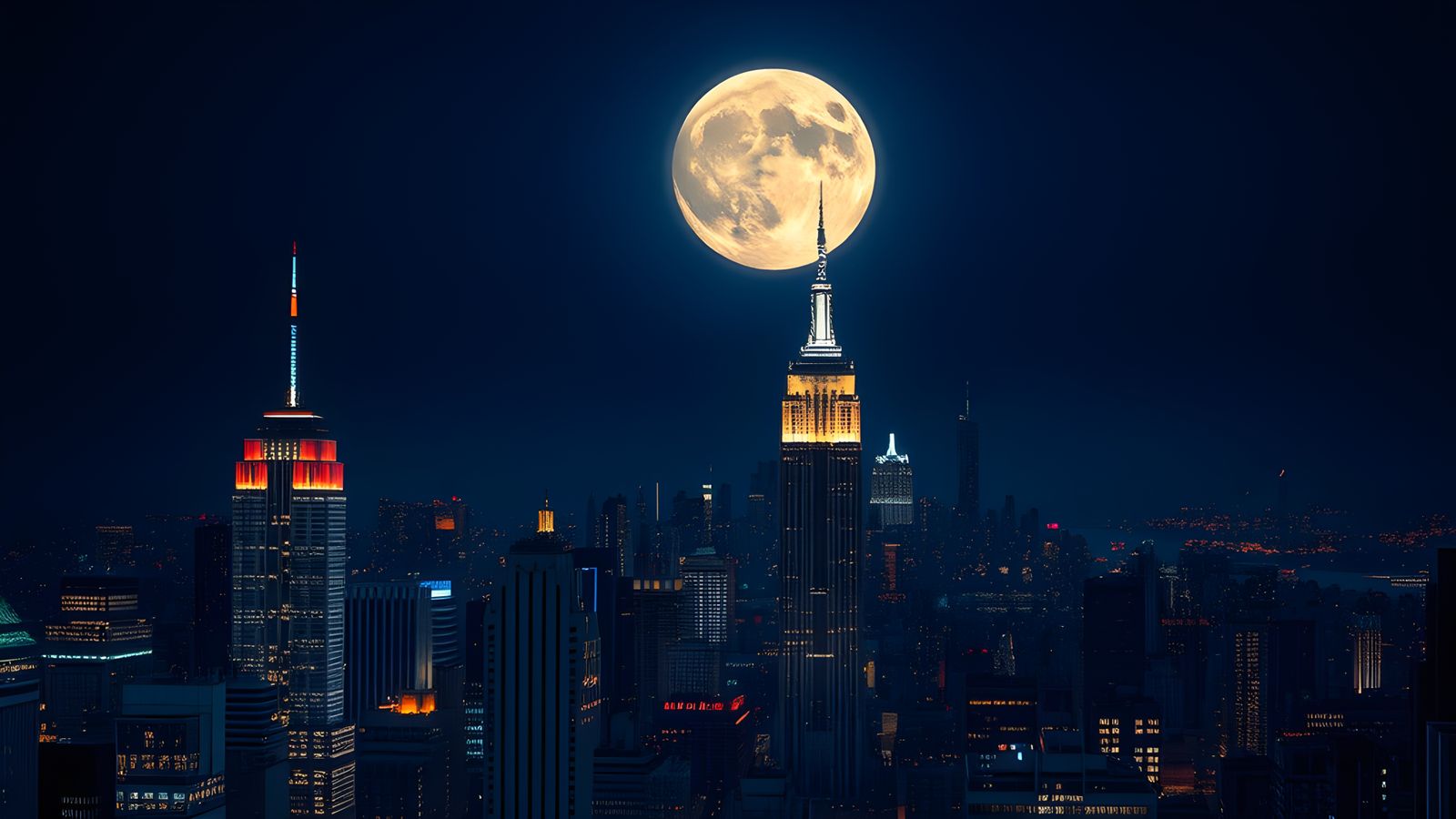 Nighttime New York Skyline with Full Moon