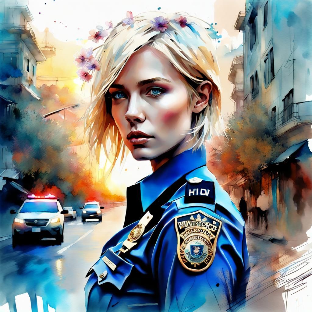 Beautiful Blonde Police Officer in Digital Watercolor