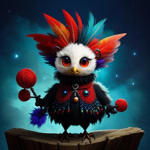 Gothic Punk Baby Bird in a Whimsical Fairytale Scene