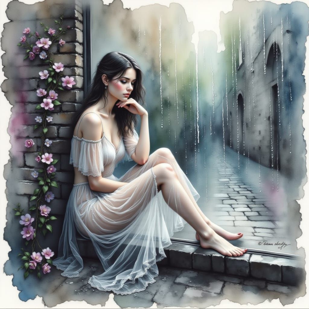 Melancholic Young Woman Contemplating Rainy Day