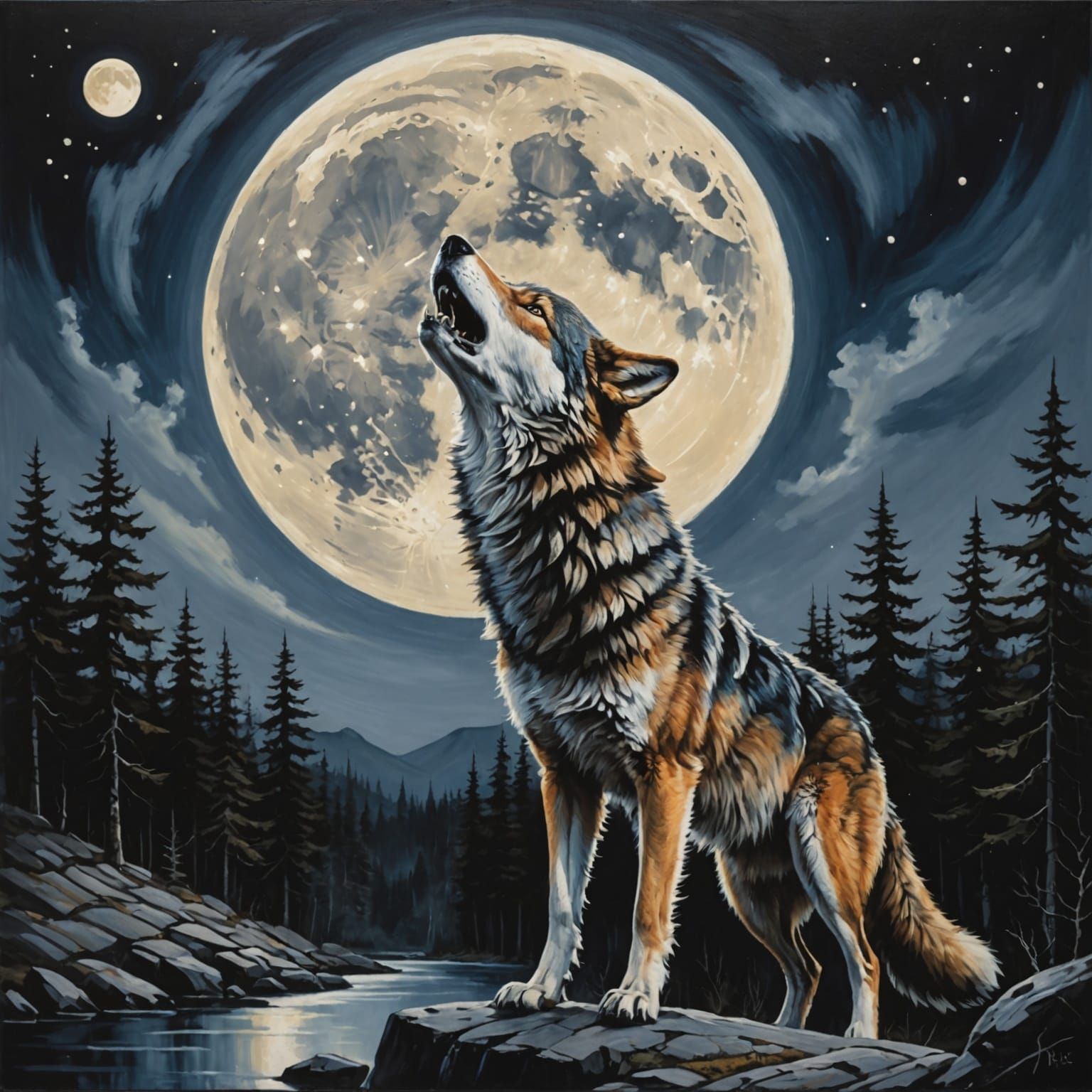 Wolf Howling at Moon Painting