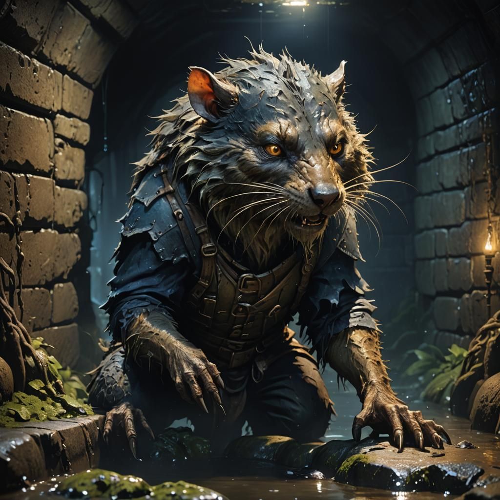 Dark Fantasy Wererat Navigating Sewers in Cinematic Light