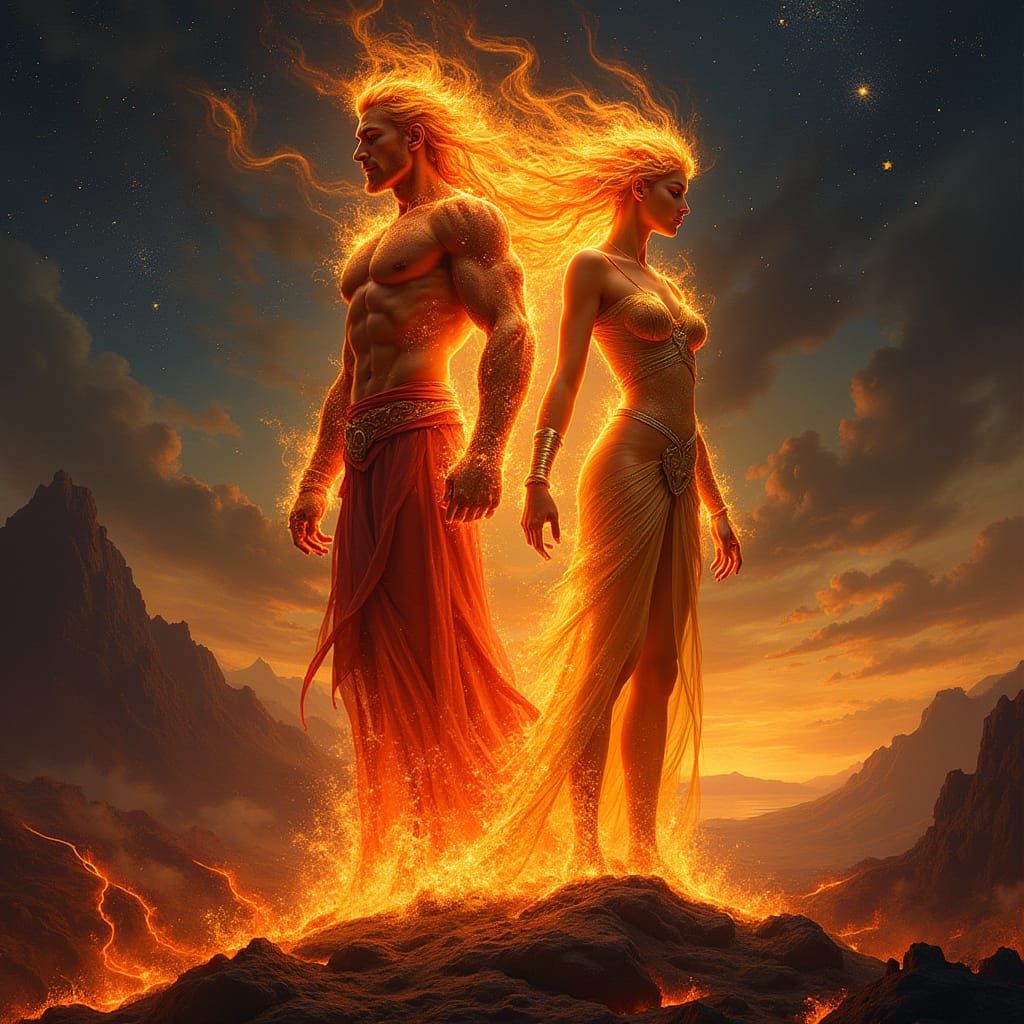 Fire God and Goddess in Mythic Oil Painting Style