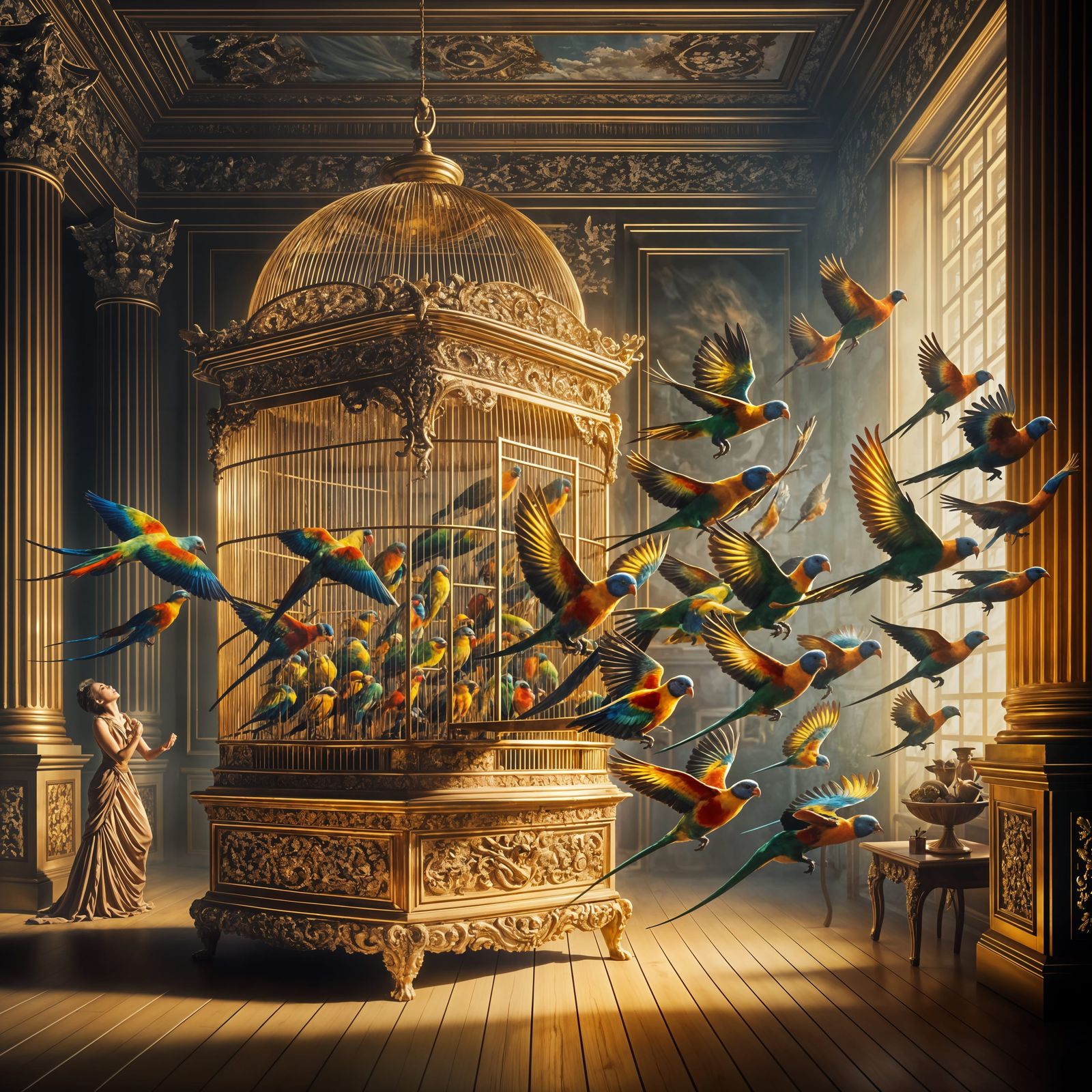Rainbow Lorikeets Escape Ornate Birdcage in Hyperrealistic O...