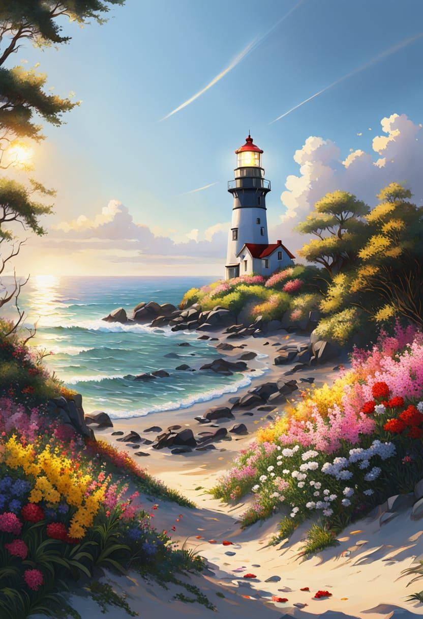 Floral Lighthouse on Secret Beach in Hyperrealism