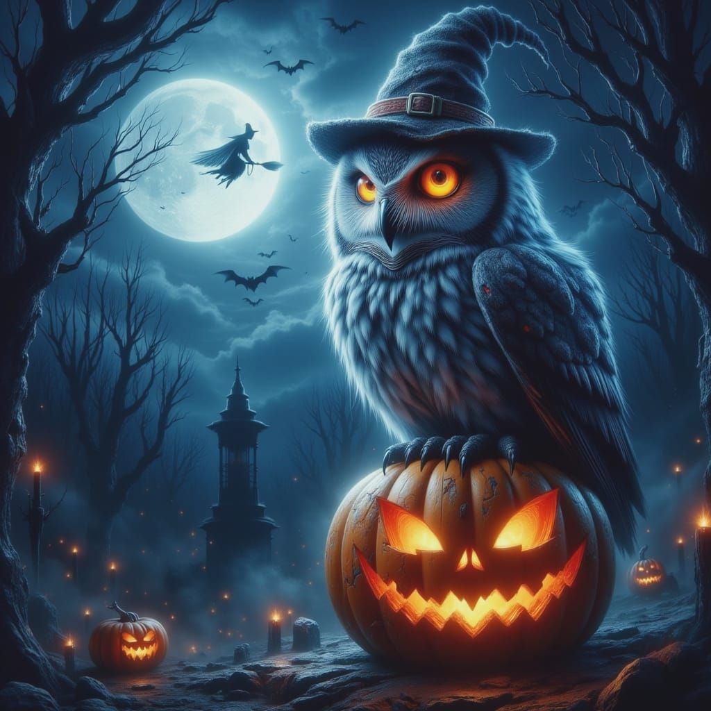 Enchanting Owl on Jack-o'-Lantern in Moonlit Forest