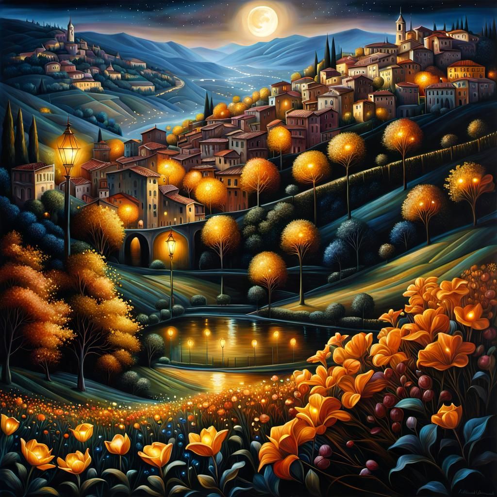 Italian Town Landscape at Night with Metallic Moonlight