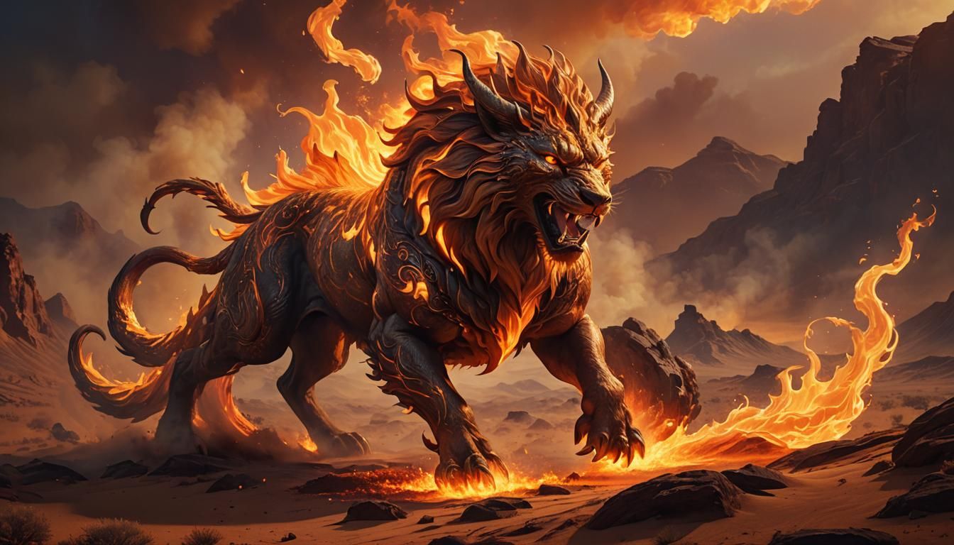 Fiery Mythical Beast in Smoldering Landscape