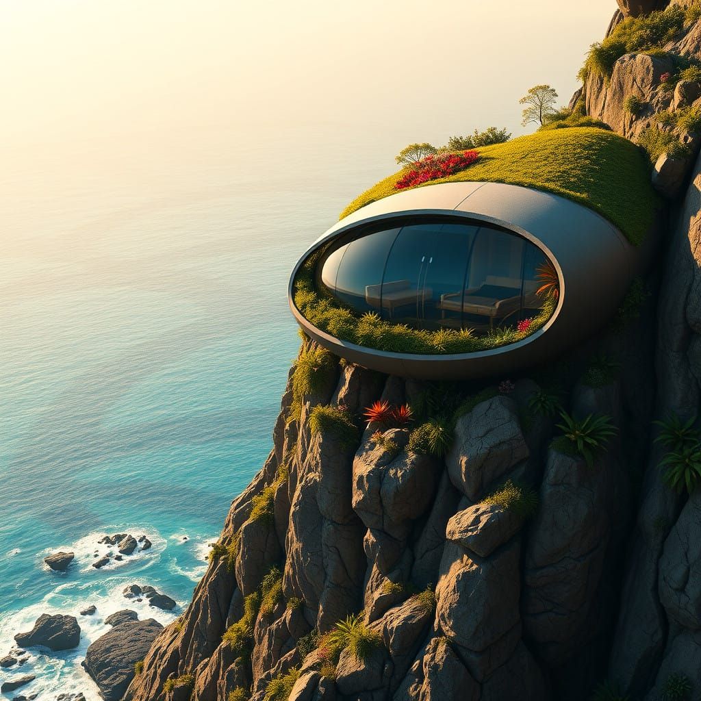 Cyberpunk Oasis Overlooking Turquoise Ocean