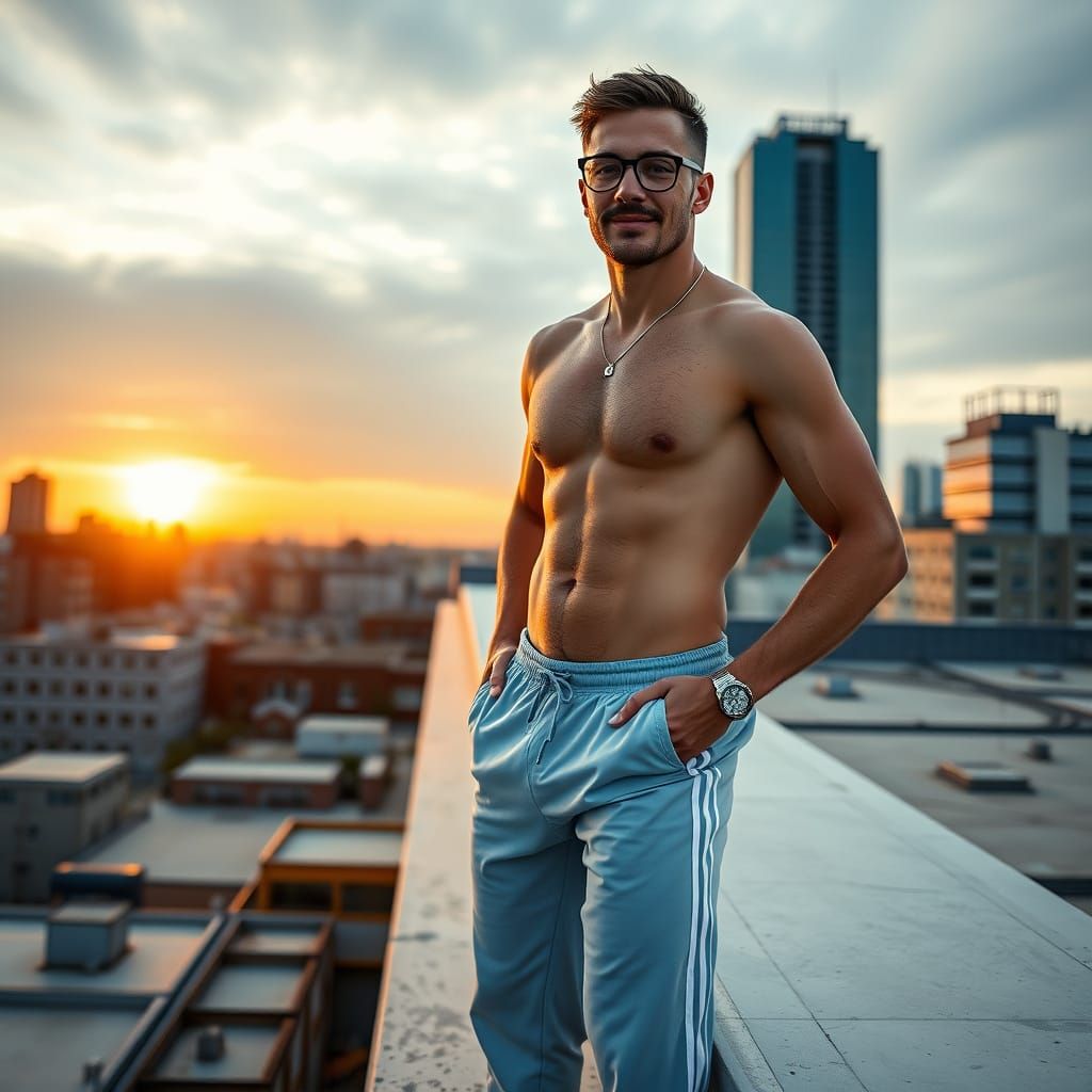 Athletic Man on Rooftop at Sunrise: Cinematic Film Still