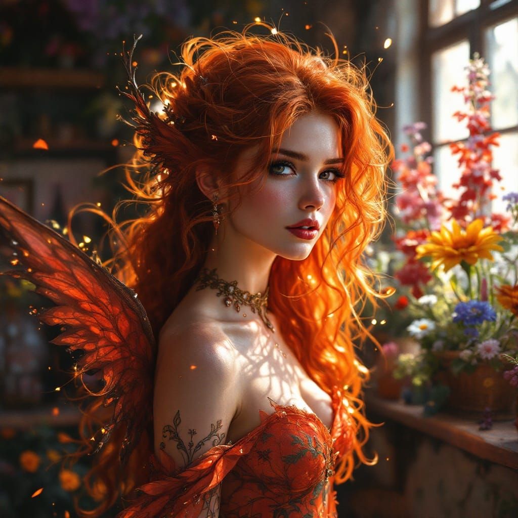 Fiery Red-Headed Fairy in Whimsical Floral Haven
