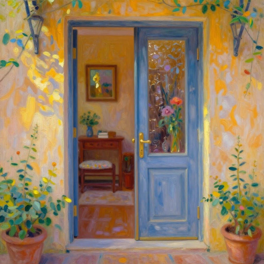 Golden Hour Entryway in Impressionistic Oil Style