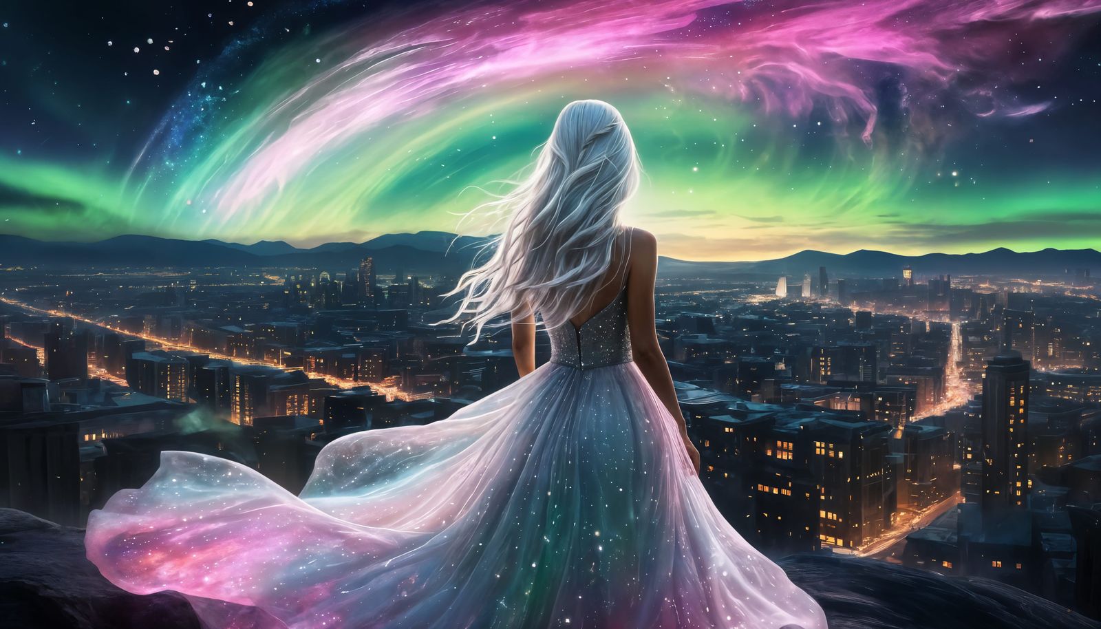 Celestial Girl Watches Magical City in Distance