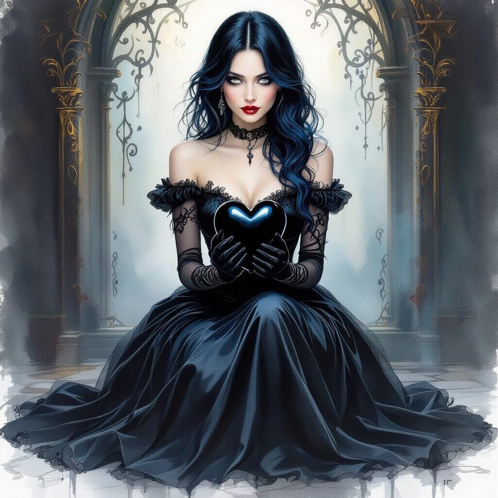 Surreal Gothic Woman with Black Heart in Watercolor