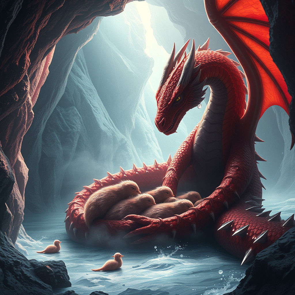 Red Dragon Mother Protecting Hatchlings in Icy Cave