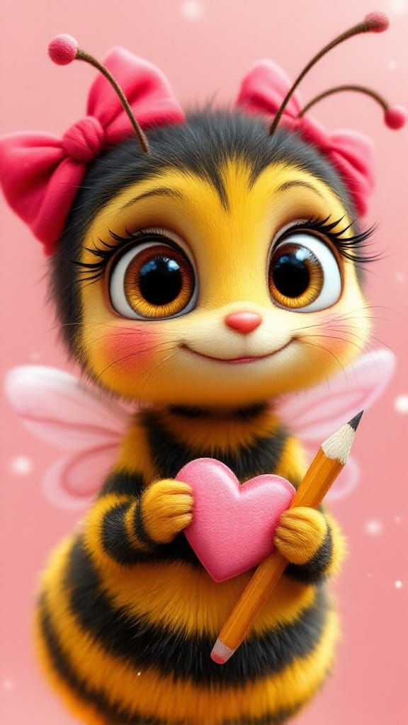 Charming Animated Bee with Heart Drawing and Pencil