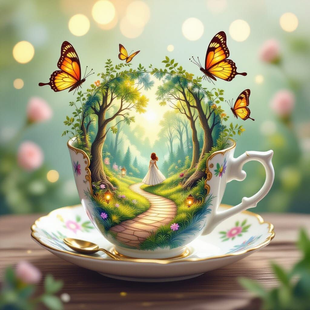 Enchanted Forest Teacup with Glowing Worms and Fairytale Lad...