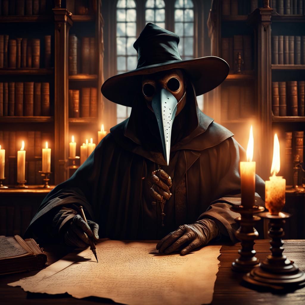 Plague Doctor Writing in Old Library, Detailed Matte Paintin...
