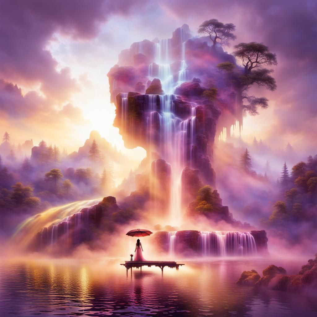 Futuristic Waterfall in Surreal Double Exposure