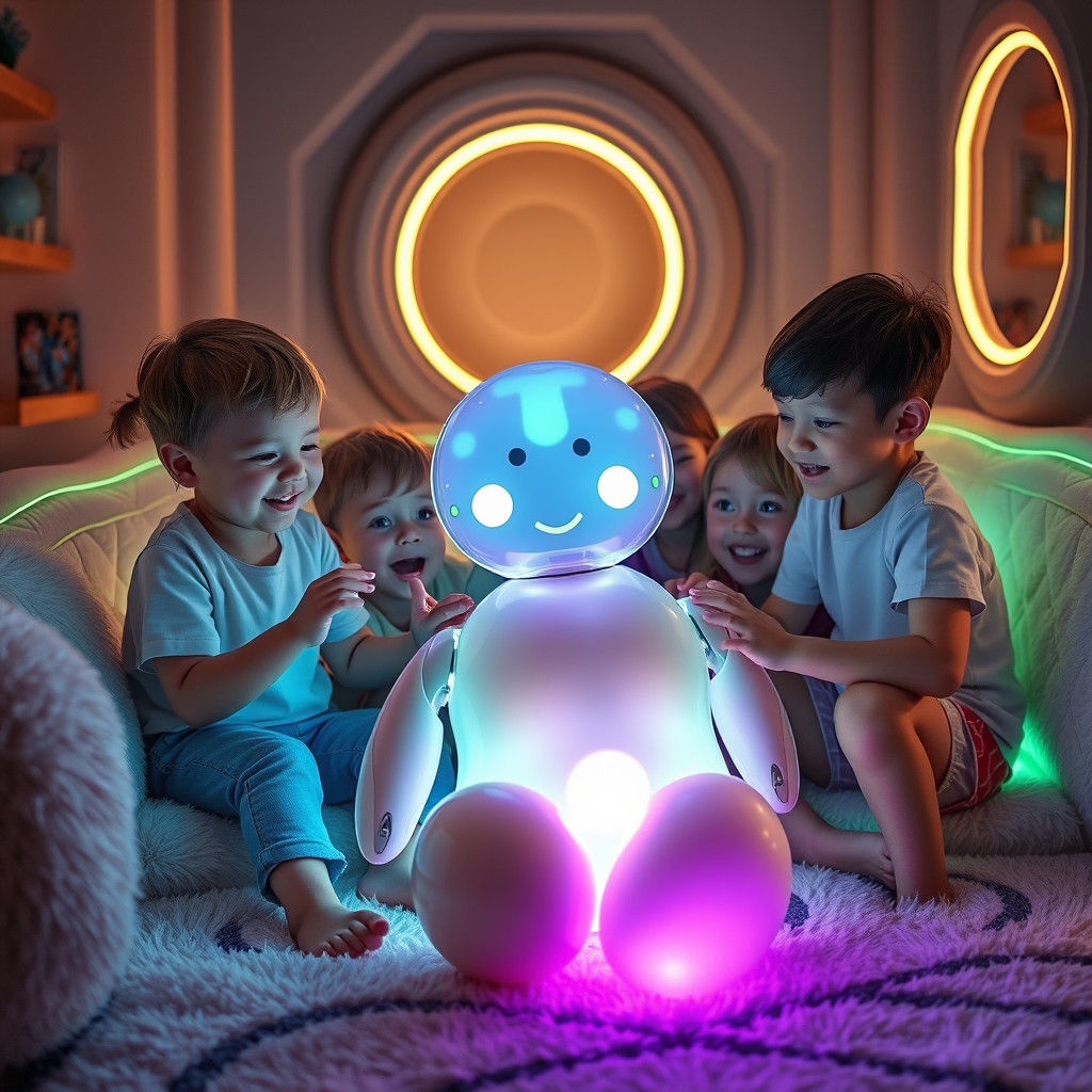 Futuristic Jellyfish Robot Toy in Neon Sci-Fi Room