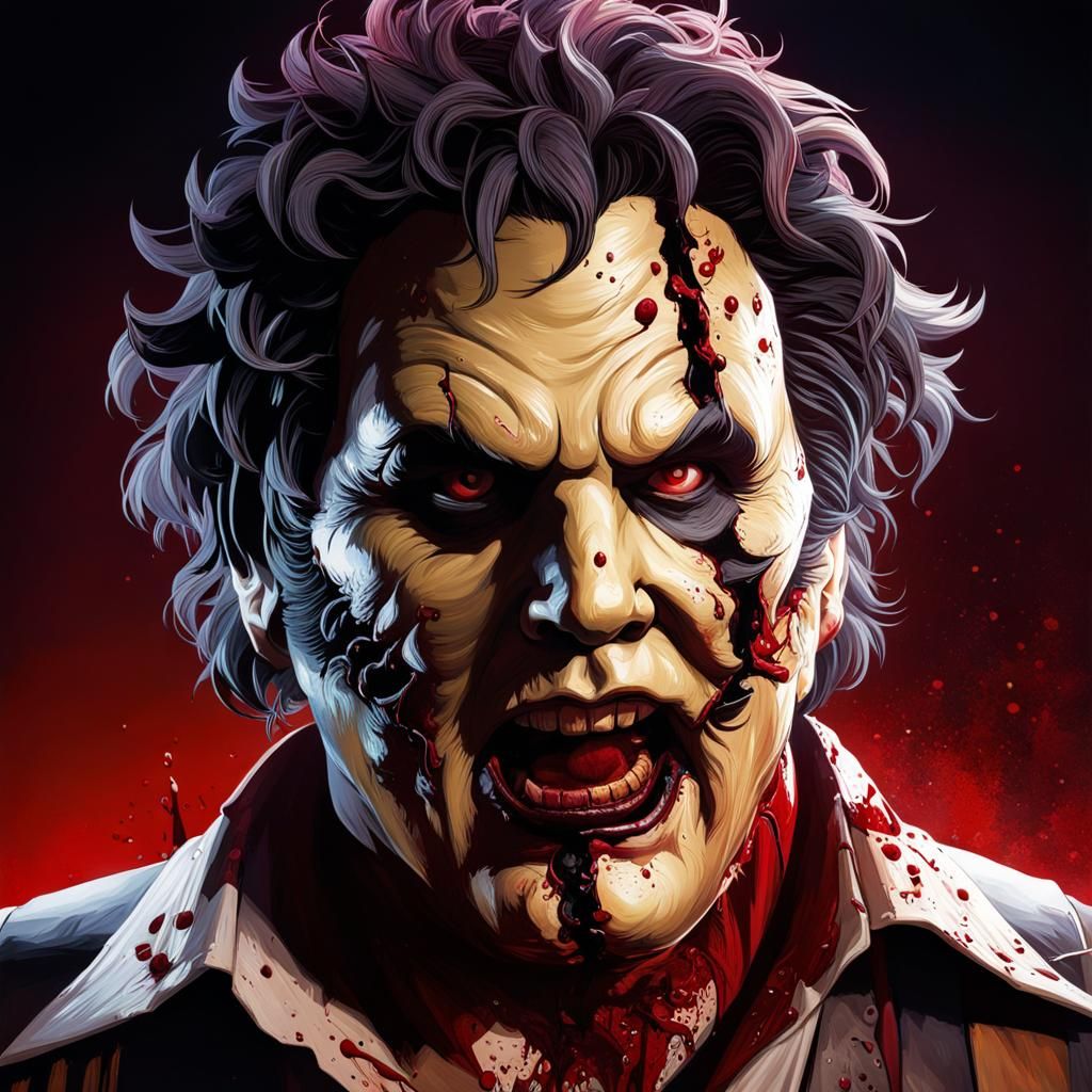Leatherface, covered in blood, Hyperrealistic, splash art, concept art, mid shot, intricately detailed, color depth, dr...
