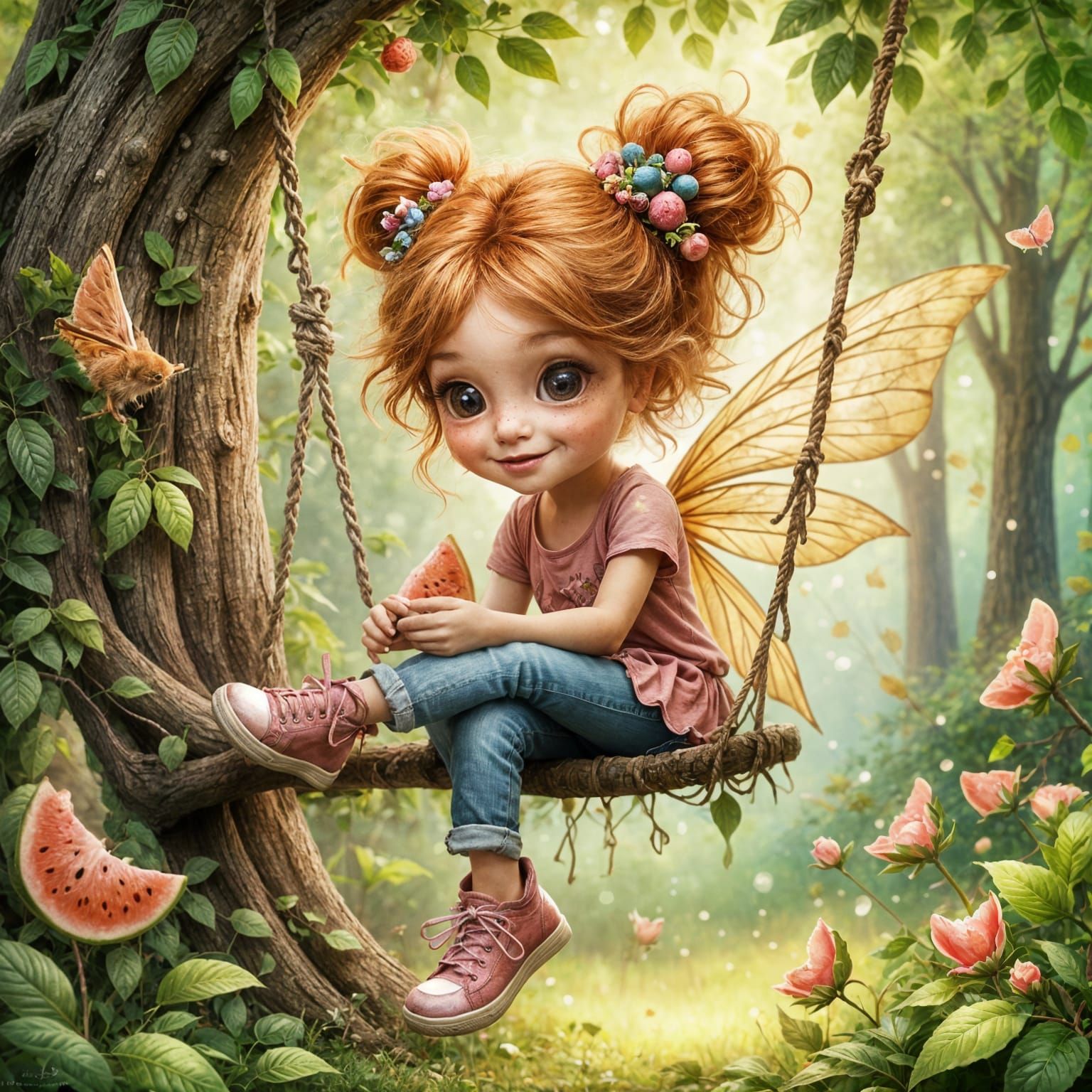 Whimsical Fairy Girl Enjoys Watermelon, Watercolor Style
