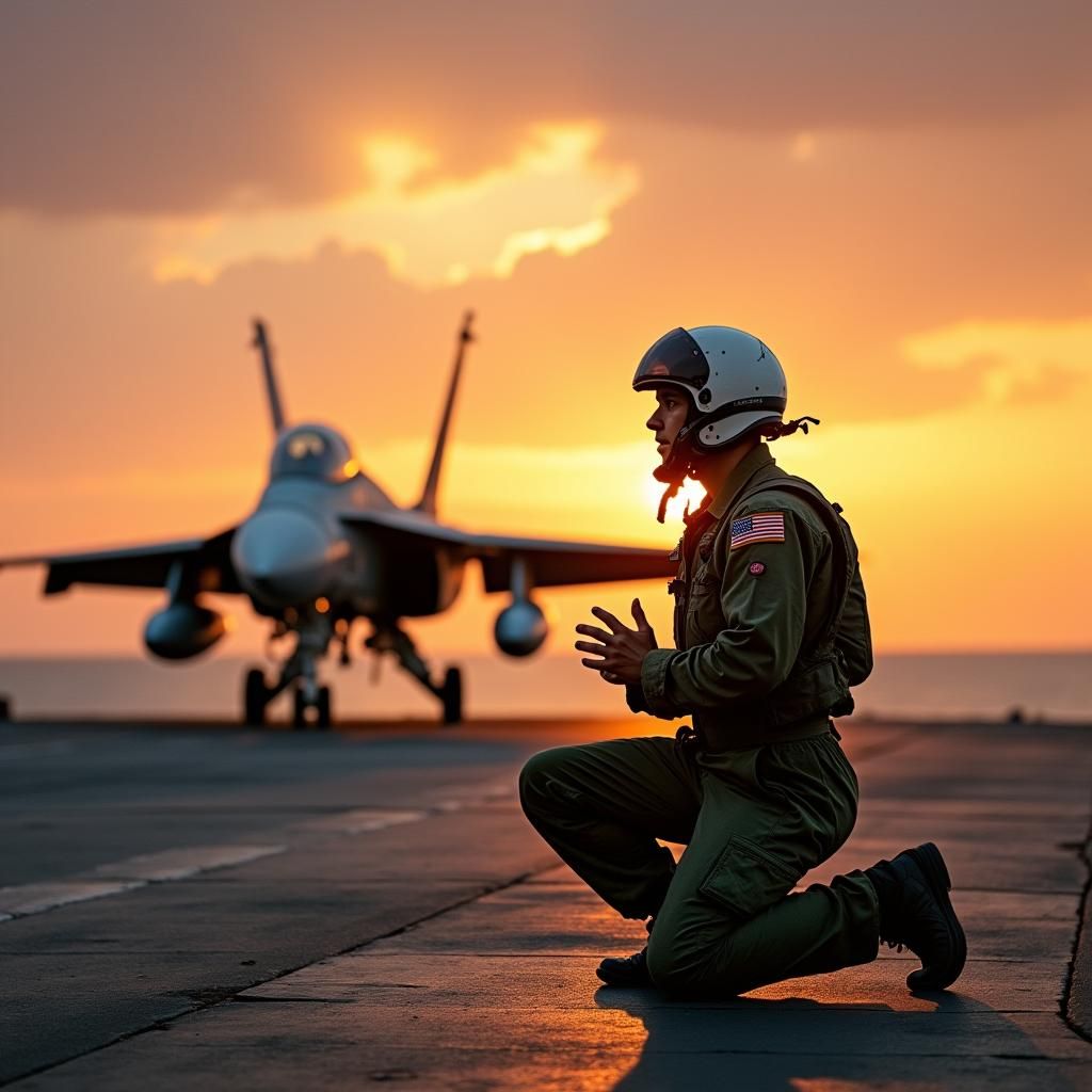 Pilot's Sunrise Prayer on Aircraft Carrier