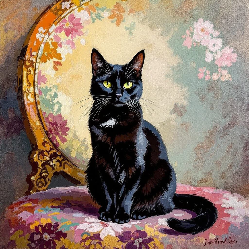 Black Cat in Gouache Impressionist Style