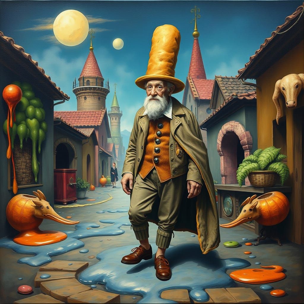 Surreal Old Man in Absurdist Attire, Dali Style