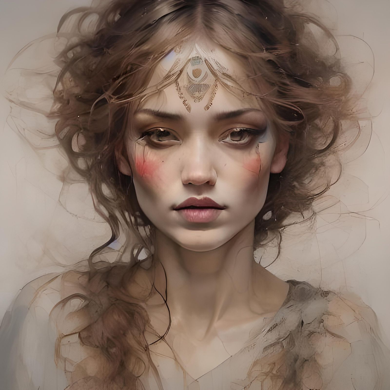 Expressive Portrait of Woman with Curly Hair as Ink Art