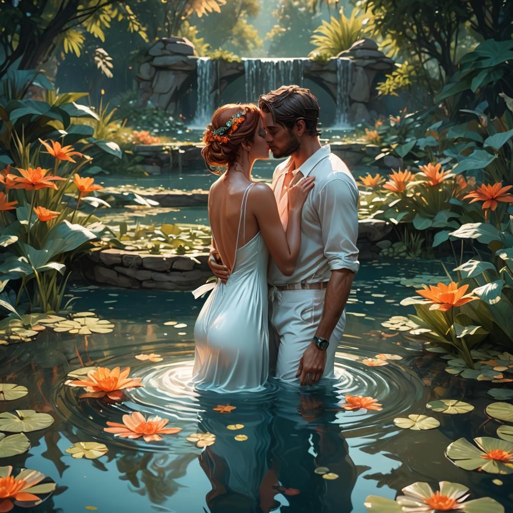 Romantic Pond Kiss: Hyperdetailed Art Nouveau Style