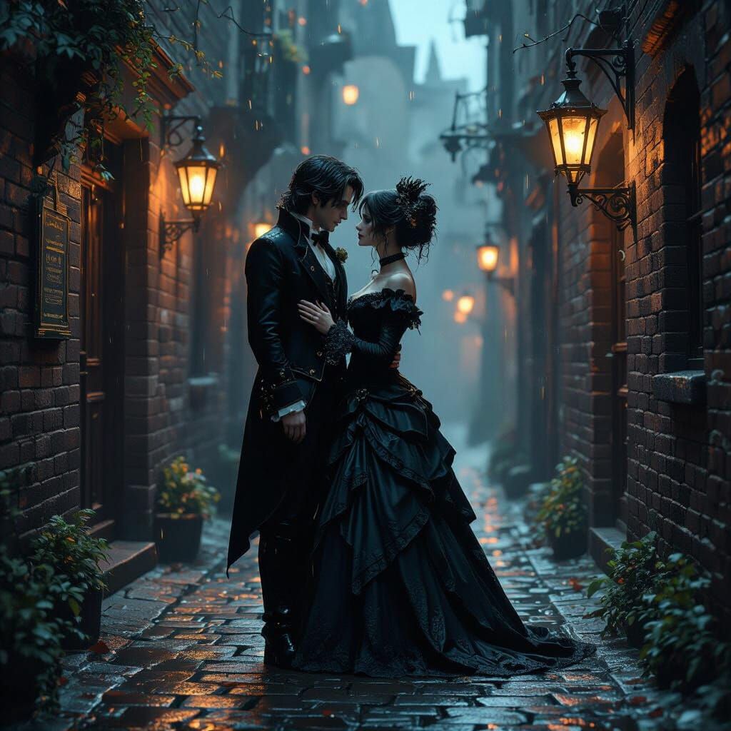 Gothic Couple's Secret in Dim Alleyway, Cinematic 3D