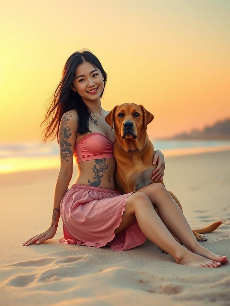 Woman and Dog on Beach in Japanese Art Style