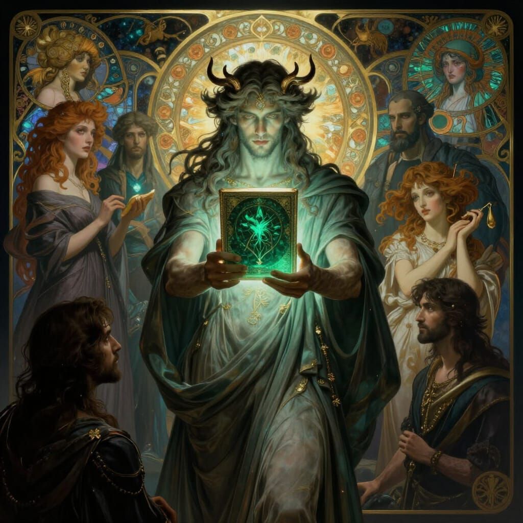 Hermes Presents Emerald Tablet in Eldritch Art Nouveau Style