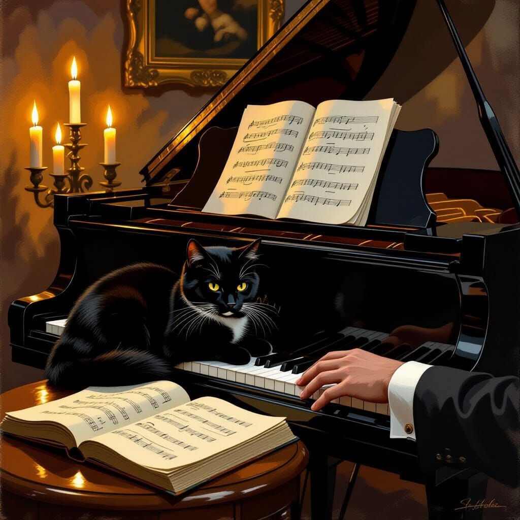 Black Cat Muse on Grand Piano in Candlelit Parlor