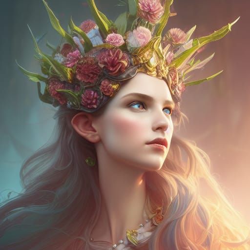 Enchanting Elf Queen of Flowers Portrait