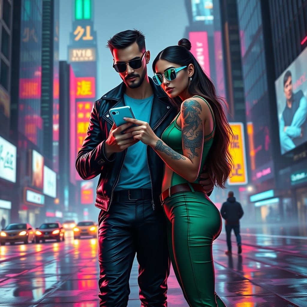 Cyberpunk Couple Under Neon City Lights
