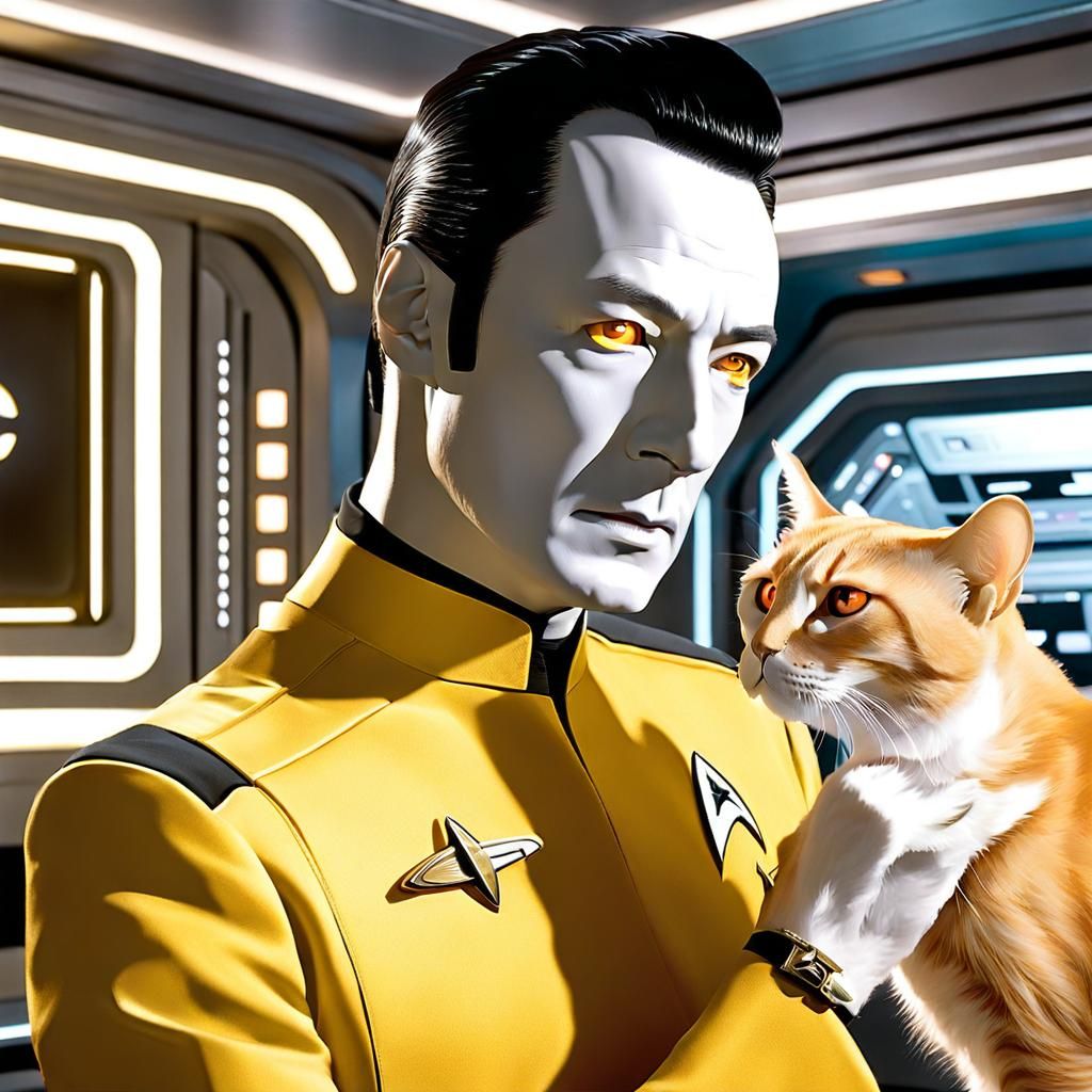 Data and Spot in Sci-Fi Star Trek Quarters