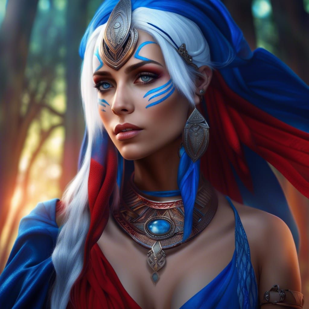 Fantasy art, magic woman, beautiful face, blue white hair, b...