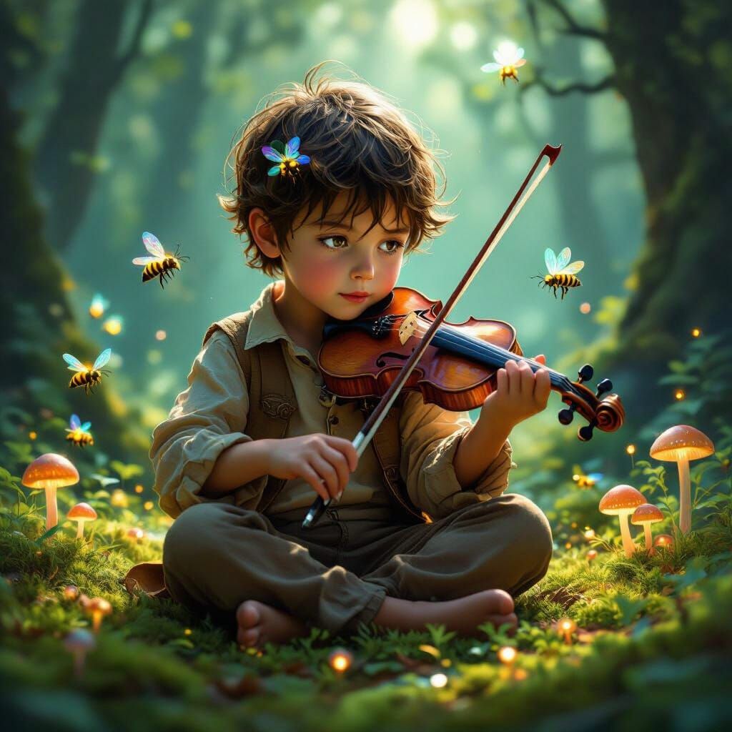 Boy Plays Violin Surrounded by Bioluminescent Bees