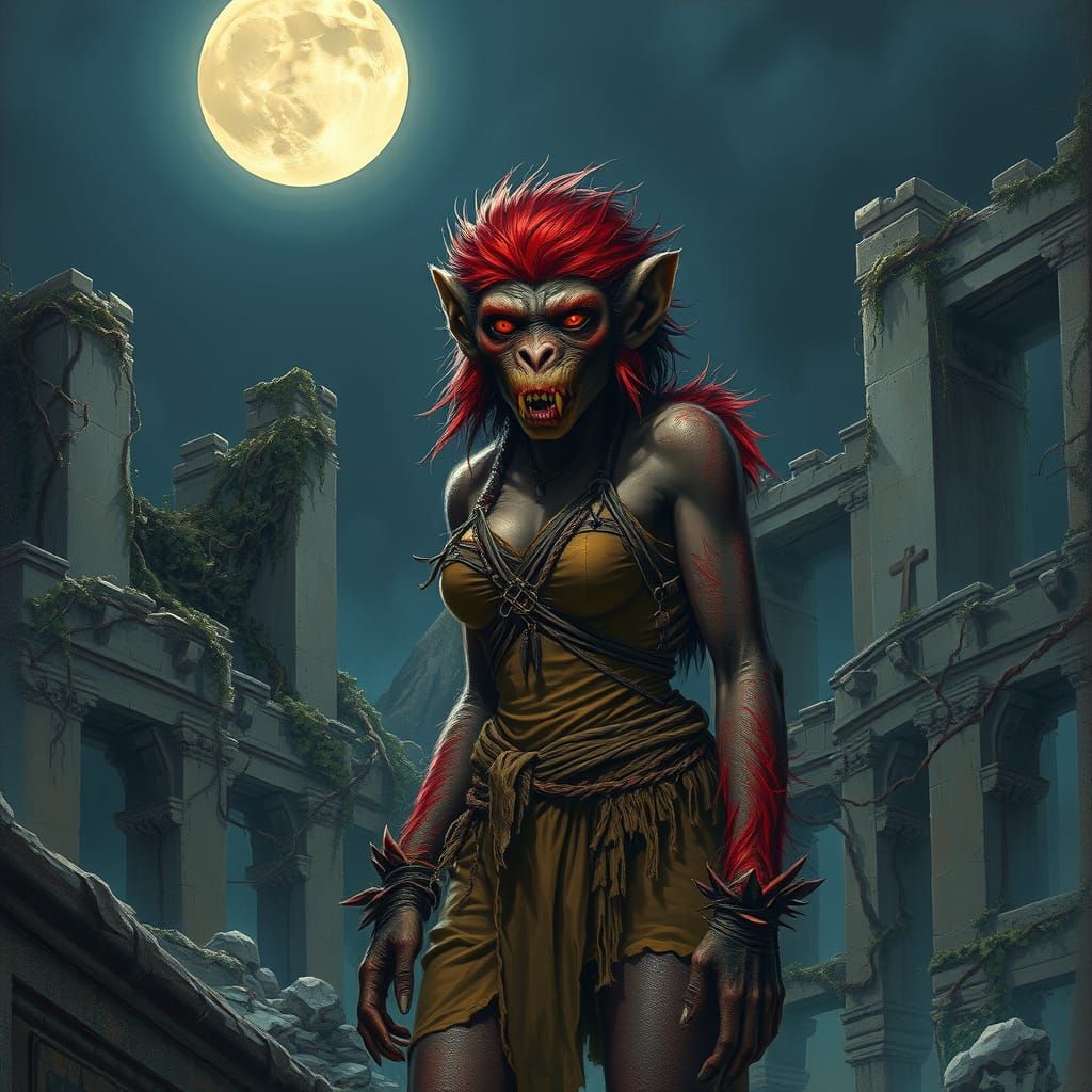 Red-Furred Australopithecus in Ancient City Ruins