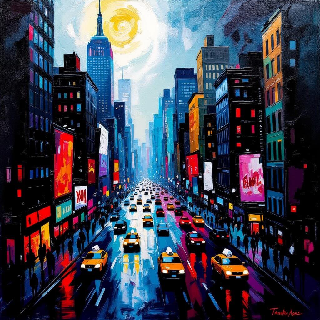 Expressionist NYC Chaos as Impasto Encaustic Painting
